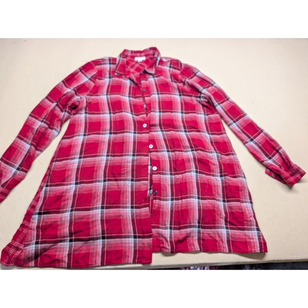 J Jill Women's Shacket Size M Red Plaid Flannel With Pockets Back Panel Is Diff